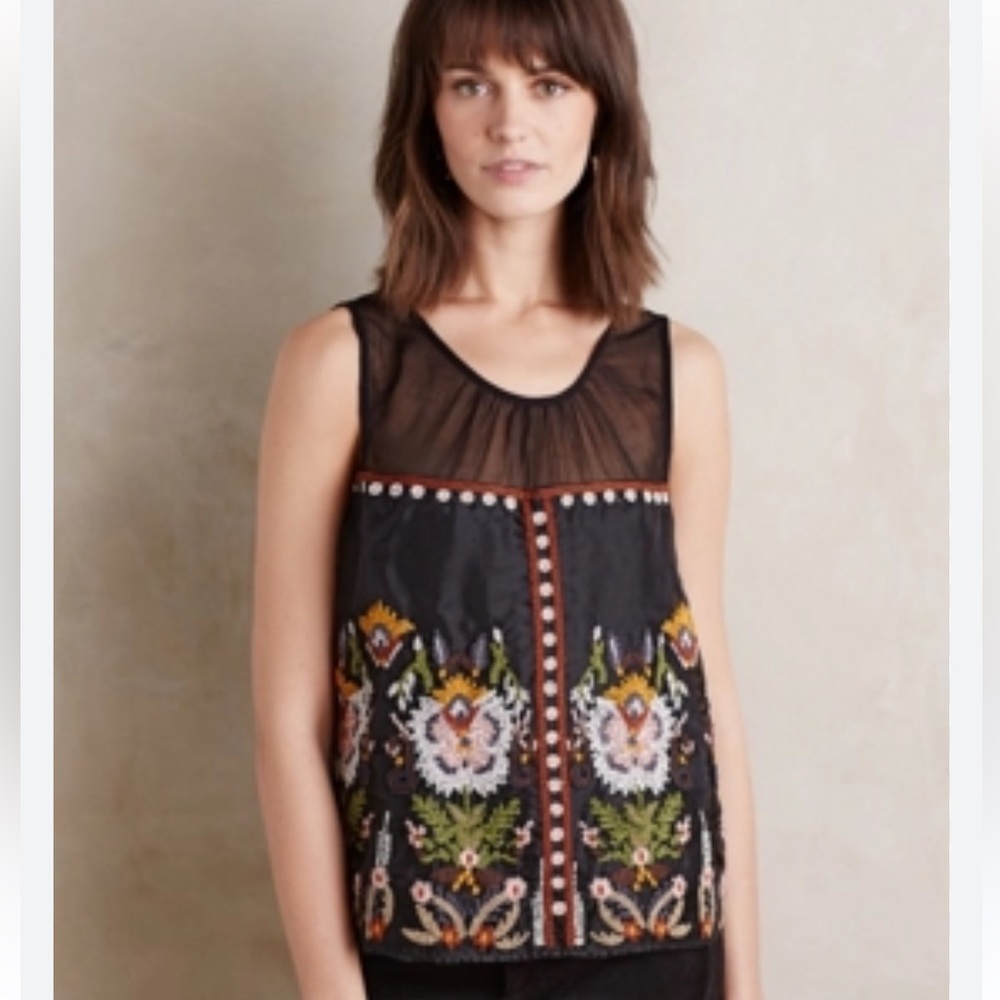Anthropologie Floreat Black Embroidered Tank Top